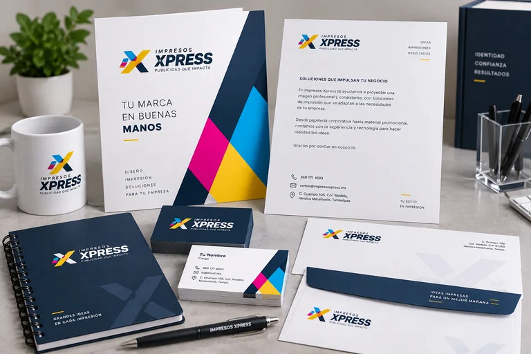Ejemplo visual de papelería corporativa de Impresos Xpress